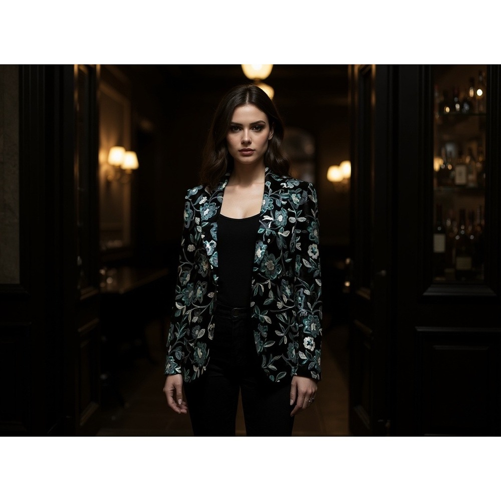 3 Sisters Embroidered Floral Velvet blazer‎ Sz s romantic business casual Boho